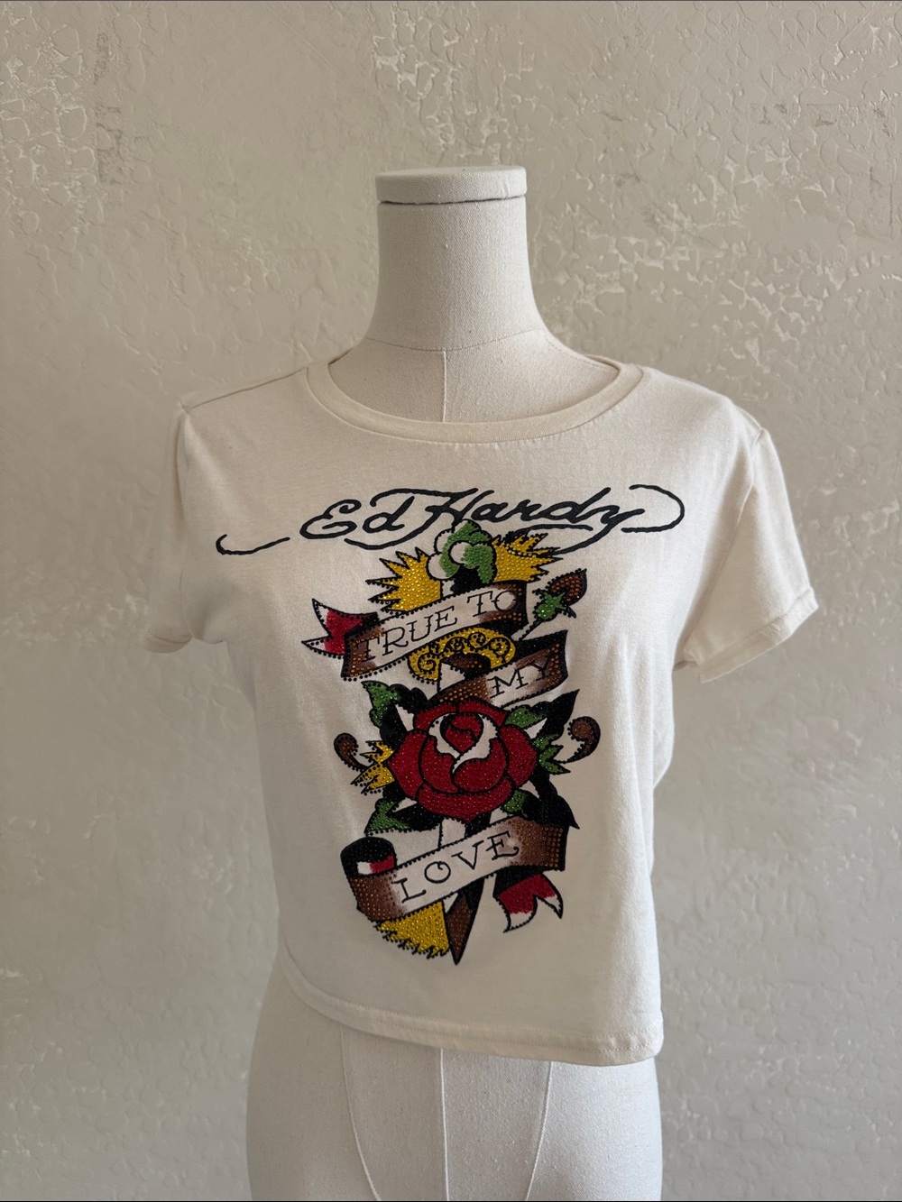 Ed Hardy White Crop Tee with Red Rose Tattoo Graphic